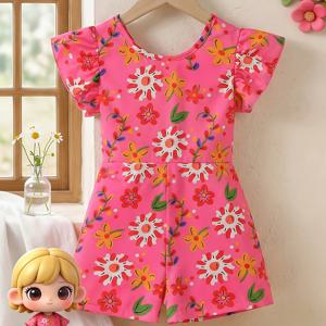 TEMU 여아 여름 컬러풀 플로럴 프린트 라운드넥 반팔 백리스 디테일 롬퍼, 아동용 캐주얼 바캉스 점프수트, 야외용