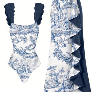 TEMU 캐릭터와 식물 그래픽 2피스 수영복, 어깨끈이 있는 원피스 수영복과 커버업 스커트, 여성용 수영복 및 리조트웨어
