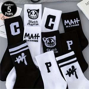 TEMU 재미있는 레터 프린트가 돋보이는 중간 길이 양말 5켤레 랜덤 세트