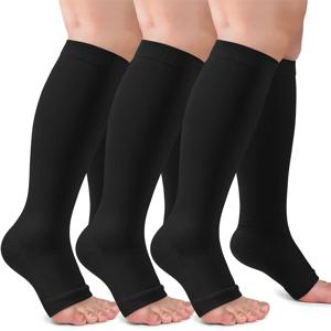 TEMU 여성 및 남성용 오픈토 압박 양말 3켤레, 발가락 노출 디자인, 넓은 종아리와 무릎 높이 압박 스타킹, 러닝, 운동, 사이클링 및 여행에 이상적