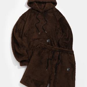 TEMU 춘젠 중환 남성용 단색 귀 디자인 플러시 후드티와 반바지 캐주얼 2피스 세트