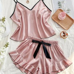 TEMU 여성용 V넥 섹시한 편안함 캐미솔 반바지 파자마 세트 2pcs