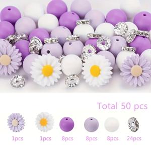 TEMU 다이제이 라인스톤 50개 세트 (12mm 원형 실리콘 비즈 24개, 다이제이 실리콘 포컬 비즈 2개, 10mm 반짝이는 라인스톤 스페이서 비즈 24개 포함), 팔찌, 펜, 키체인에 적합