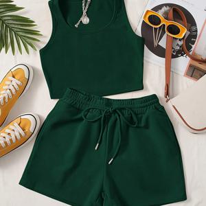 TEMU 여성용 녹색 슬리브리스 탱크 탑 & 드로스트링 반바지 세트, 캐주얼 디자인, 솔리드 컬러, 폴리에스터 혼방 소재, 올 시즌 착용 가능, 캐주얼 스타일, 미니멀한 스타일, 폴리에스터 블렌드 소재