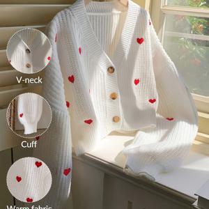 TEMU 여성용 캐주얼 하트 패턴 오버사이즈 숄더 롱 슬리브 가디건 탑 가을/겨울 발렌타인데이