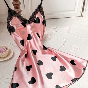 TEMU 여성용 섹시한 V넥 슬립 나이트가운 하트 프린트 & 대조 레이스 트림 - 부드러운 폴리에스터, 조절 가능한 얇은 스트랩, 사계절 내내 편안한 수면 드레스, 우아한 침실 의상 | 폴리에스터 원단