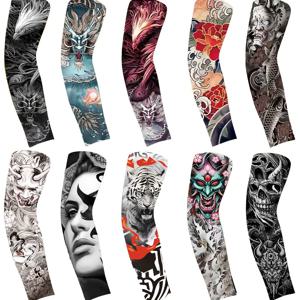 TEMU 4/10Pcs 패션 타투 쿨링 암 슬리브, 남녀공용 퀵드라이 통기성 소매 커버 - 할로윈 야외 파티 & 하이킹용