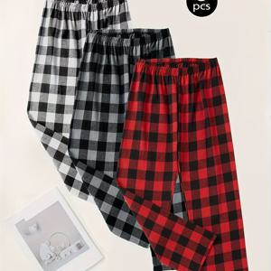 TEMU 봄 여름 남성용 편안한 체크무늬 파자마 바지 3종 세트, 봄 가을 가볍고 부드러운 하우스팬츠 파자마 바지 3켤레 조합, 사계절 신축성 허리 파자마 바지, 긴 홈팬츠