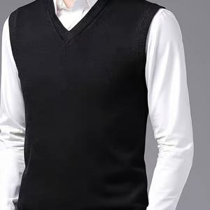 TEMU 남성용 민소매 니트 브이넥 조끼, 클래식한 신사복에 어울리는 따뜻한 원단, 가을/겨울 스타일