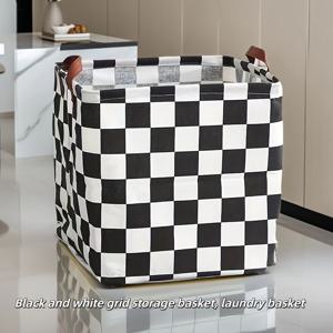 TEMU 블랙 앤 화이트 플레드 패턴 더블 핸들 스퀘어 보관 바구니, 주방 거실 욕실 보관 옷, 세탁 바구니, 세탁 바구니