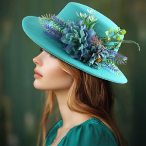 TEMU 1개 여성 패션 넓은 챙 페도라 모자 호수 파란색 꽃잎 자수 우아한 햇빛 가리개 웨딩 바캉스 어버이날 선물 해변 모자