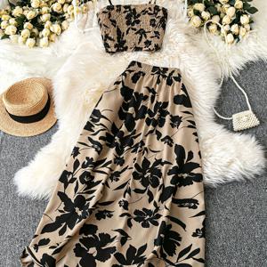 TEMU 봄/여름 여성용 플로럴 프린트 플리츠 캐미솔 탑 & 스커트 섹시 크롭탑 2피스 세트