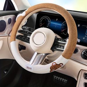 TEMU 25년 신차 핸들 커버, 못난이 곰 패션 창의적인 만화 귀여운 핸들 커버, 시원하고 통기성 좋음, 땀 흡수 및 미끄럼 방지, 자동차, 차량 내부 세트에 적합