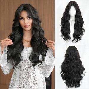 TEMU 루틴 가발 긴 곱슬 웨이브 고밀도 열에 강한 블랙 브라운 여성용 일상 파티용 중간 부분 합성 가발 음악 축제 댄스 파티 선물, 어머니의 날 선물 70cm