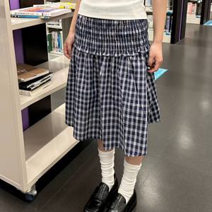 TEMU 체크 블루 탄성 허리 하프 스커트 리버스블레이드 바캉스 스타일 여성용 우산 스커트