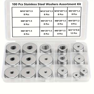 TEMU 18-8(304) 스테인리스 스틸 펜더 와셔, 나사 및 볼트용 플랫 와셔, 100개 메탈 워셔 키트 (M3-M12 12가지 사이즈 어소르테드 세트