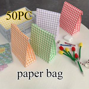 TEMU 50개 컬러풀한 깹슨 종이 가방 핸들 - 데스크탑 정리, 휴일 선물 및 가정용 보관을 위한 밝은 체크 디자인 (랜덤 컬러), 선물 포장 용품