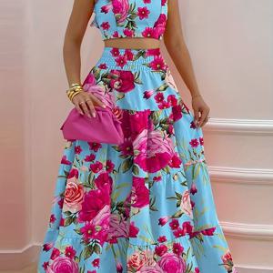 TEMU 2025 신상 유럽&미국 여름 플로럴 러플 버스티어 2피스 여성용 롱 드레스, 블루 베이스에 로즈 레드 대형 플로럴 대비, 하이웨이스트 섹시 스트랩 플레어 스커트, 여름 클럽 파티에 적합. 크리스마스, 휴가 여행, 발렌타인데이, 생일 파티 등 특별한 날에 다른 사람들을 놀라게 하기에 완벽. Gavin