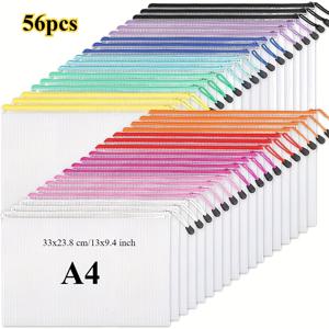 TEMU 메쉬 지퍼 파우치 (12개, 36개, 56개, 또는 100개 팩으로 구매 가능). A4 사이즈 보관용으로 디자인되었습니다. 다양한 색상의 플라스틱 지퍼 백으로, 사무실에서 사용하기에 적합합니다.