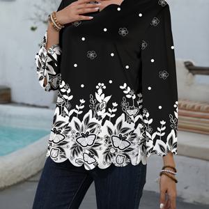 TEMU 여성용 우아한 플로럴 프린트 셔츠 - V넥과 곡선 레이스 트림, 캐주얼 휴가 스타일