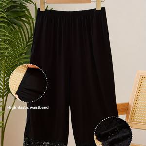 TEMU 올 시즌 이지 스타일 인성 무지 드레이프 편안한 고탄력 단색 사이드 포켓 7단 바지 캐주얼 홈웨어 야외 워킹 속눈썹 레이스 트림 루즈 통기성 미드 카프 바지 잠옷 안전한 베이스 레이어 미드 카프 바지 여성