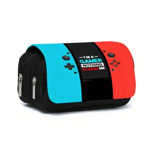 TEMU 게임 콘솔 테마 블랙 필통 - 플립탑 디자인, 아이코닉 컨트롤러 프린트, 펜, 연필, 마커 수납 가능