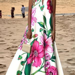 TEMU 캐주얼 패션 플로럴 배치 프린트 라운드넥 드레스, 캐주얼 민소매 A라인 맥시 드레스 (미포함), 봄/여름에 적합, 여성 의류