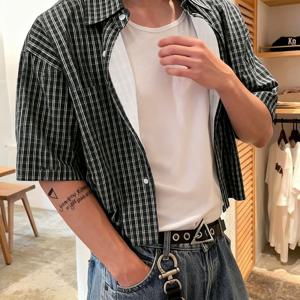 TEMU [프레피 캐주얼 스타일] [단단한 기장] 남성 봄 여름 가을 체크 무늬 랜덤 컷 캐주얼 편안한 반팔 셔츠, 캐주얼 외출, 학교복, , 휴일, 캐주얼 외출에 적합, 100%, 세탁기 사용 가능, 드라이 크리닝 불가. JCY6437