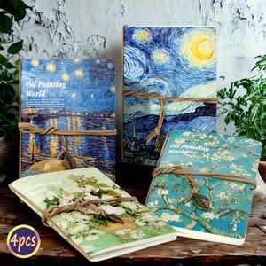 TEMU 4개/세트, A5 반 고흐 유화 스케치북, 밴디지 스크래치북, 빈티지 잎 태그, 각 80페이지, 휴대용 여행 스케치북, 마커 펜 스케치북, 공백 노트북, 손으로 그리기, DIY 글쓰기, 계획 세우기, 예술 창작, 완벽한 선물
