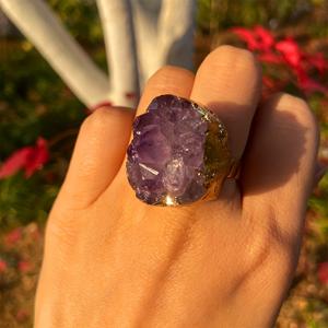 TEMU 2가지 스타일, 조절 가능한 천연 자수정 오픈 링 - 선생님의 날, 할로윈, 추수감사절, 크리스마스, 발렌타인데이 선물용 주얼리