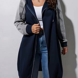 TEMU 여성용 우아한 컬러 블록 긴팔 캐주얼 후드 코트, 지퍼 포켓 포함, 가을 및 겨울에 완벽