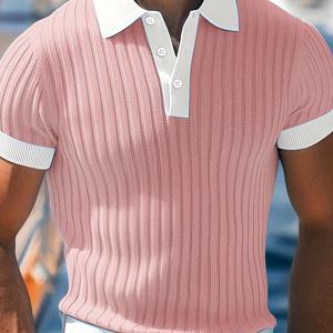 TEMU [Shule Water OBM] 남성용 핑크 반팔 캐주얼 폴로 셔츠, 텍스처된 골지 편안한 원단, 여름, , 휴가, 캐주얼 외출에 적합, 패셔너블한 텍스처 탑