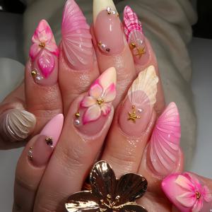 TEMU 24개입 중간 뾰족한 끝 네일, 프렌치 스위트 플로럴 패턴과 귀여운 금색 바다성게, 부드러운 웨이브 반짝이는 라인스톤/핑크 3D 조각 나비/여름 3D 그라데이션 아이스 플라워, 모든 여성에게 적합, 네일 파일 및 젤리 글루 포함