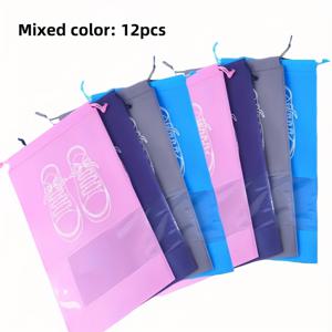 TEMU 12개 세트 헤비듀티 여행용 신발 가방 - 투명 정리백, 걸이 가능 (핑크, 블루, 퍼플) - 여행, 체육관, 옷장용 경량 비세탁 신발 보관, 스택 가능한 신발 포장, 지퍼 및 끈 조임 방식, 논웨븐 소재