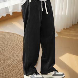 TEMU 남성용 경량 코듀로이 바지 - 편안한 루즈 미드 라이즈 캐주얼 롱 팬츠, 드로스트링 포켓 - 단색 디자인, 세탁기 사용 가능 - 운동 스타일, 부드러운 질감