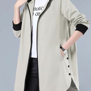 TEMU 봄가을 여성 캐주얼 루즈 코트, 심플 후드 롱 코트, 오픈 도어 지퍼, 대비 리브드 커프스, 패셔너블하고 다용도 긴소매 여성 의류