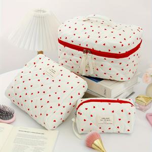 TEMU 새로운 레드 하트 메이크업 백, 고급스러운 여행용 휴대용 프레시 컬러블록 화장품 파우치, 대용량 핸드헬드 코인, 열쇠, 화장품 정리함