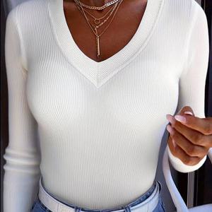 TEMU 봄가을 V넥 풀오버 솔리드 컬러 슬림핏 캐주얼 티셔츠