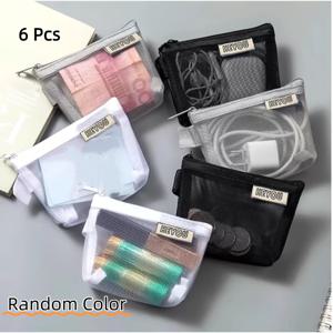 TEMU 6개입 미니 메시 수납 가방 세트 - 랜덤 색상 나일론 및 투명 지퍼 파우치, 여행, 메이크업, 문구류 정리용