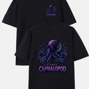 TEMU 호기심 많은 문어, 양면 프린트 남성 패션 트렌디 티셔츠 - 홈 캐주얼 & 아웃도어 피트니스용 스타일리시 전후면 디자인 티