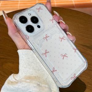 TEMU 폰 케이스: 폴카 도트 리본 나비매듭 패턴 카드 슬롯 휴대폰 케이스, 사진 및 카드 수납용 카드홀더 폰 케이스. 아이폰 16, 16 Pro, 16 Pro Max, 15 Pro, 15 Pro Max, 14, 14 Pro Max, 13, 12, 11, XS Max, XR, 7, 8, 8, SE, 12, 13 Mini용