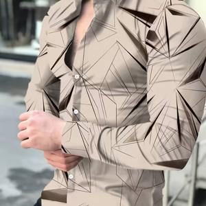 TEMU [Shule Shui OBM] 남성용 기하학 패턴 빈티지 긴팔 칼라 셔츠, 무도회, 비즈니스, 통근 및 캐주얼 행사에 적합, 긴소매, 남성용 버튼다운 칼라 프린트 드레스 셔츠