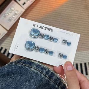 TEMU 14개 블루 보석 짧은 발톱 패치, 여성용 사각 라인스톤 발톱 패치, 접착식 고급 스팽글 네일 패치, 질감 인조 발톱 아트 패치, 발톱 용품