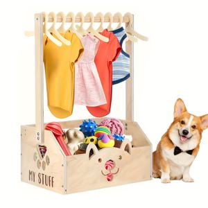 TEMU 옷걸이와 수납함이 있는 강아지 옷 정리함 – 의류, 장난감, 추가품을 위한 다중 칸막이 애완 동물 옷장 – 손잡이가 달린 튼튼한 오픈형 디자인, 공간 절약형 가정용 수납 솔루션, 강아지 옷 보관, 장식용 애완 동물 가구, 천연 나무 받침