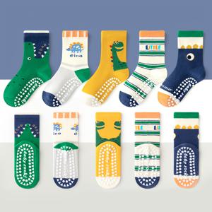 TEMU 5켤레 MIANZHI 플로어 삭스 레터 도트 글루 만화 빅아이 공룡 패턴 남아 여아 아기 유아용 부드러운 밑창 실내 미끄럼 방지 미드-카프 양말, 캐주얼 데일리 착용에 적합