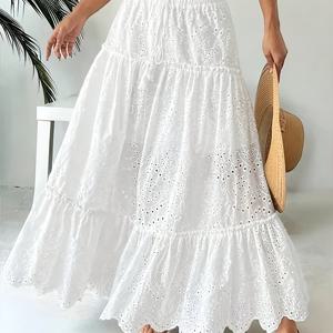 TEMU 여성용 우아한 플로럴 레이스 맥시 스커트 드로스트링 허리 - 화이트 티어드 러플 밑단, 봄/여름/가을에 완벽, 캐주얼 또는 정장 행사에 적합, 캐주얼 여름 착용 | 플로럴 레이스 스커트 | 러플 밑단 스커트