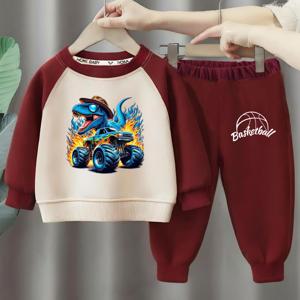 TEMU 봄/가을 키즈 세트, 패션 공룡 프린트 남아용 스플라이스드 후디와 조거팬츠 2피스 2025 신상 원넥크로우지 긴팔 풀오버 의류, 야외활동에 완벽