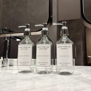 TEMU 500ml/16oz 투명 그레이 슬랜트 숄더 로션 및 에센셜 오일 디스펜싱 병 세트, 프레스형 리필 가능한 플라스틱 빈 병 (샤워젤, 샴푸, 컨디셔너용), 방수 라벨 스티커 포함, 욕실 관리 보관 병 세트