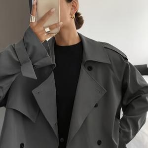 TEMU 여성용 봄/가을 단색 심플 루즈 캐주얼 숏 롱 슬리브 트렌치 코트