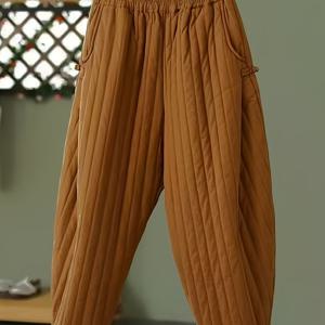 TEMU 2025 겨울 신상품 따뜻한 퀼팅 패딩 도톰한 빈티지 여성용 바지, 아우터웨어, 신축성 허리, 루즈핏, 캐주얼 긴바지